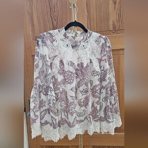 Loft Mauve & Cream High Collar Bell Sleeve Shear Blouse with Lace Accent Size M